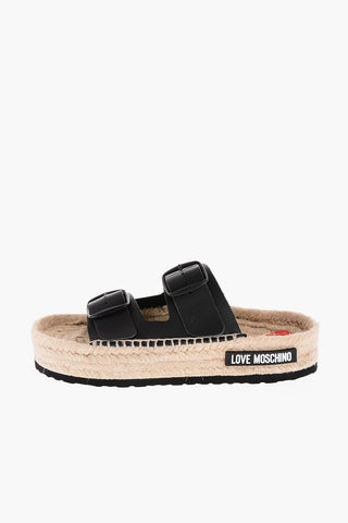 LOVE 5cm Leather Sandals with Double Buckle and Raffia Sole