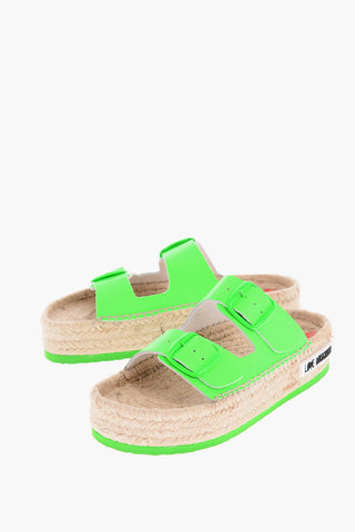 LOVE 5cm Fluo Leather Sandals with Double Buckle and Raffia Sole