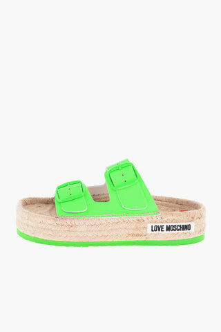 LOVE 5cm Fluo Leather Sandals with Double Buckle and Raffia Sole