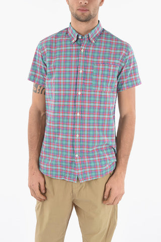 Short Sleeve Plaid Motif Shirt with Button-Down Collar