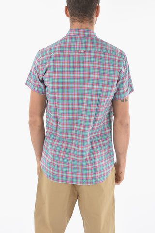 Short Sleeve Plaid Motif Shirt with Button-Down Collar