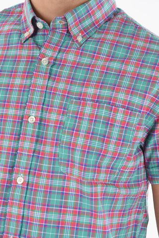Short Sleeve Plaid Motif Shirt with Button-Down Collar