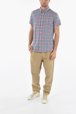 Short Sleeve Plaid Motif Shirt with Button-Down Collar