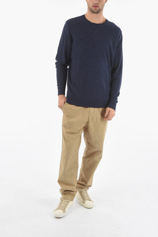Cotton and Linen YARN Crew-Neck Sweater with Ribbed Cuff Sleeve