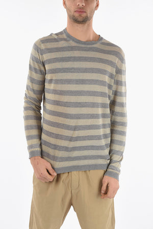 Awning Striped Linen Crew-Neck Sweater With Ribbed Collar and Cuff