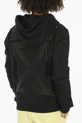 Felpa Con Chiusura Zip E Cappuccio OFF CROSS In Cotone Garzato Con Strass