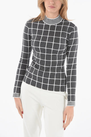 Windowpane-chekered Perkins-neck Sweater with Ribbed Hems