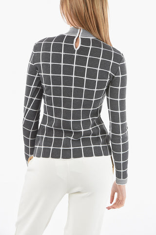 Windowpane-chekered Perkins-neck Sweater with Ribbed Hems