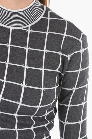 Windowpane-chekered Perkins-neck Sweater with Ribbed Hems