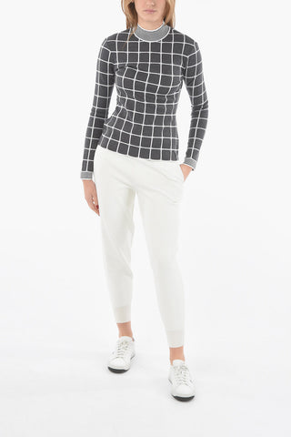 Windowpane-chekered Perkins-neck Sweater with Ribbed Hems