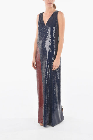 Sequined Sleeve-less Long Dress with Back Slit