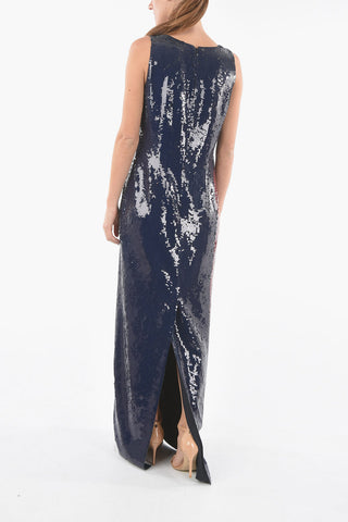 Sequined Sleeve-less Long Dress with Back Slit