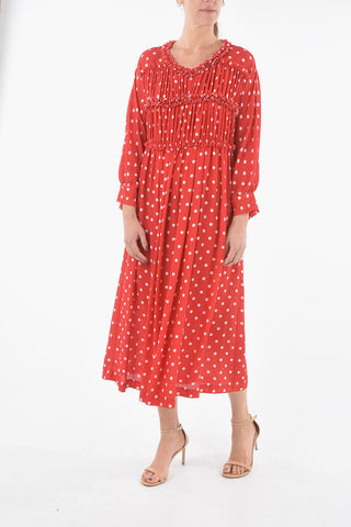 Polka-dotted Long Dress with Ruches and Pleated Detailing