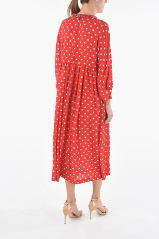 Vestito Lungo a Pois con Dettagli in Plissé e Rouches
