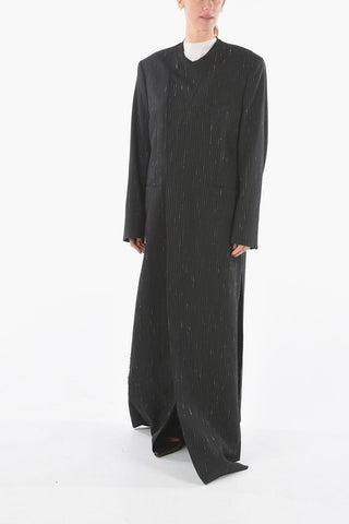 Collarless Pintriped Coat with Destroyed Detiling