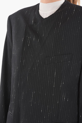 Collarless Pintriped Coat with Destroyed Detiling