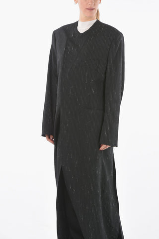 Collarless Pintriped Coat with Destroyed Detiling