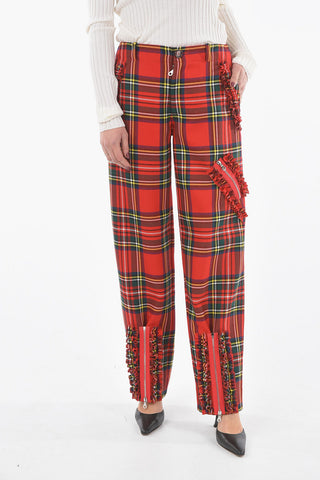 Wool Wide Leg Half-Lined Tartan Trousers with Zip