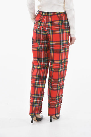 Wool Wide Leg Half-Lined Tartan Trousers with Zip