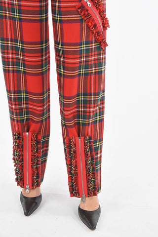 Wool Wide Leg Half-Lined Tartan Trousers with Zip