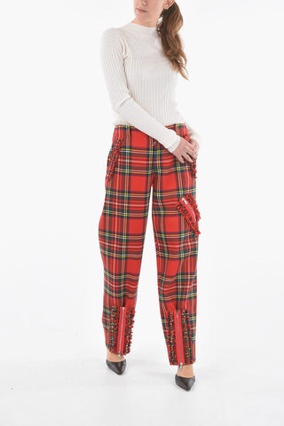 Wool Wide Leg Half-Lined Tartan Trousers with Zip