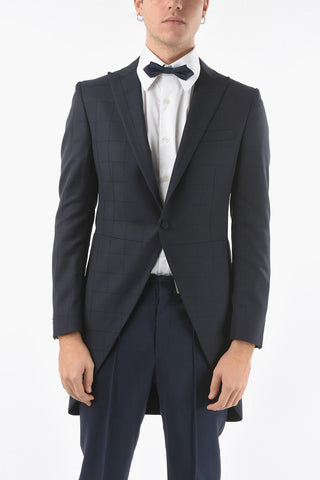 CC COLLECTION windowpane check virgin wool center vent peak lapel tight blazer