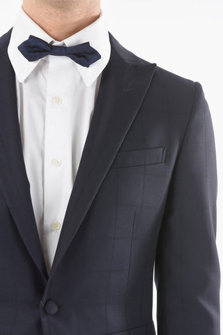 CC COLLECTION windowpane check virgin wool center vent peak lapel tight blazer