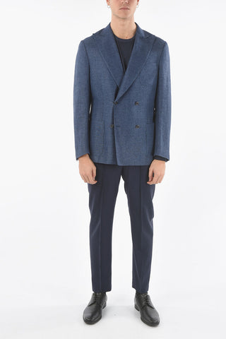 virgin wool and flax GATE peak lapel double-breasted blazer