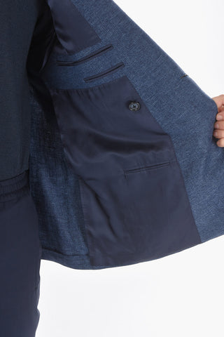 virgin wool and flax GATE peak lapel double-breasted blazer