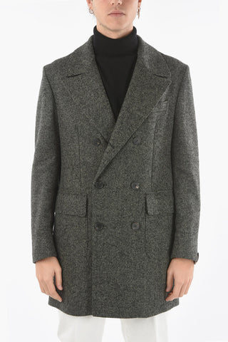 Lined Double-Breasted Herringbone Coat with Flap Pocket
