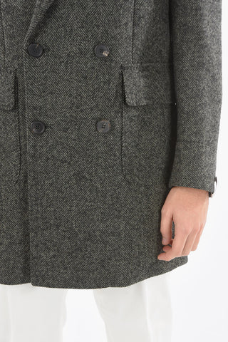 Lined Double-Breasted Herringbone Coat with Flap Pocket