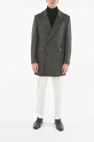Lined Double-Breasted Herringbone Coat with Flap Pocket
