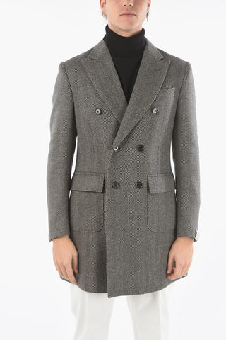 Double-breasted Herringbone Wool Coat with Peak Lapel