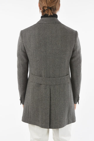 Double-breasted Herringbone Wool Coat with Peak Lapel