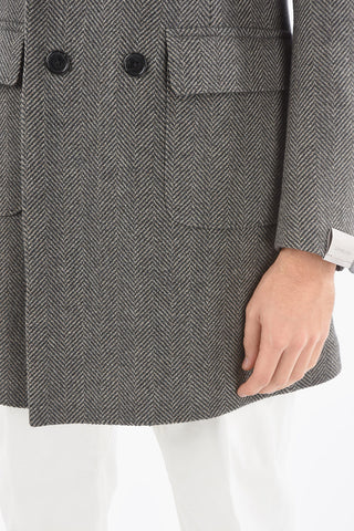 Double-breasted Herringbone Wool Coat with Peak Lapel