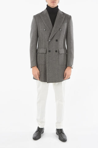 Double-breasted Herringbone Wool Coat with Peak Lapel