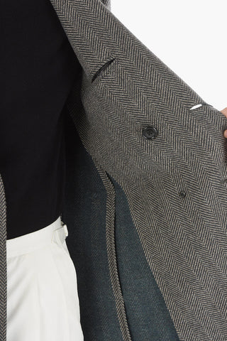Double-breasted Herringbone Wool Coat with Peak Lapel