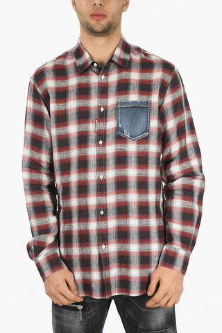 Denim Breast-pocket Plaid Check Flax Shirt