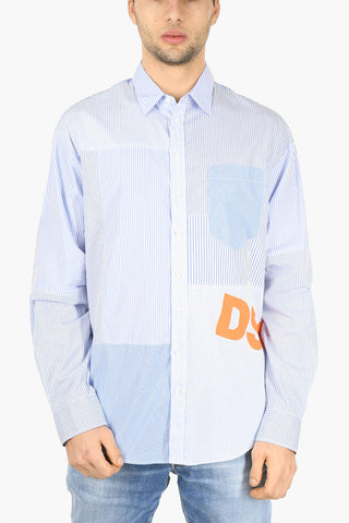 Camicia a Righe Effetto Patchwork con Collo Francese