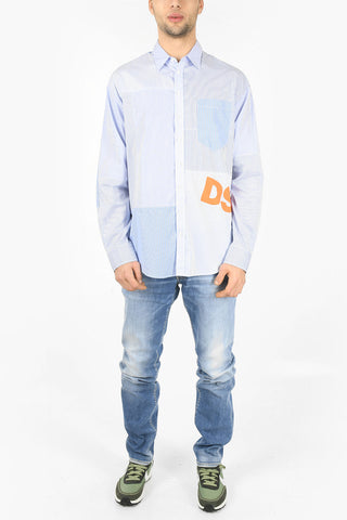 Camicia a Righe Effetto Patchwork con Collo Francese