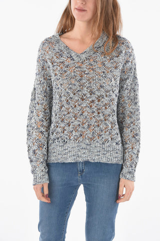 Linen Blend Openwork V-Neck Sweater
