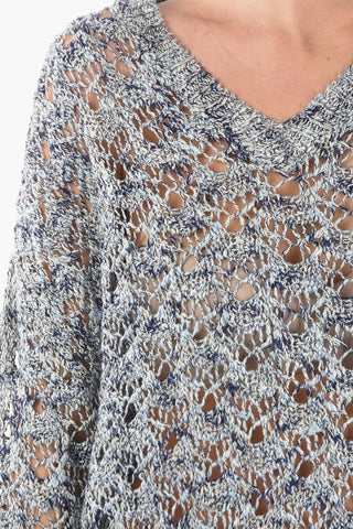 Linen Blend Openwork V-Neck Sweater