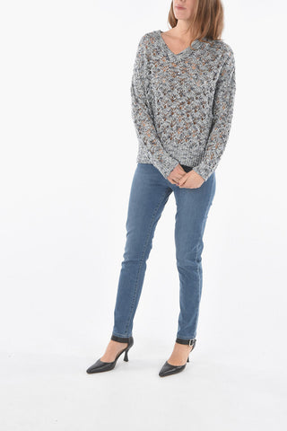 Linen Blend Openwork V-Neck Sweater