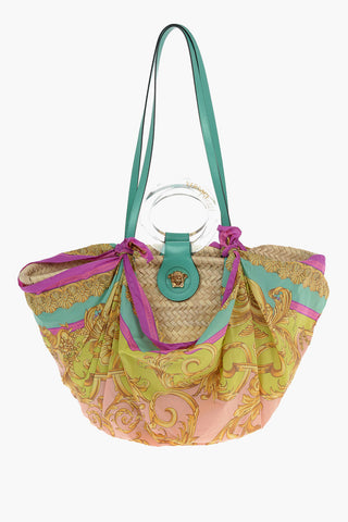 Printed Foulard LA MEDUSA Straw Tote Bag with Adjustable Shoulder Strap