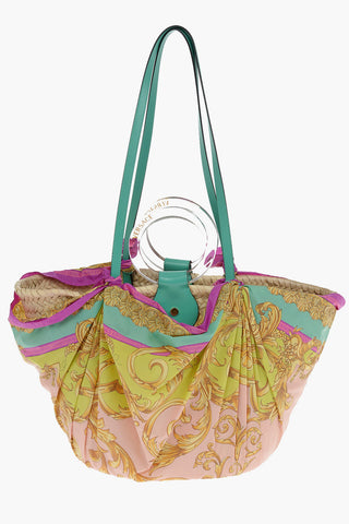 Printed Foulard LA MEDUSA Straw Tote Bag with Adjustable Shoulder Strap