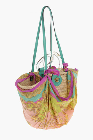 Printed Foulard LA MEDUSA Straw Tote Bag with Adjustable Shoulder Strap
