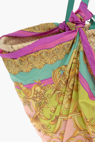Printed Foulard LA MEDUSA Straw Tote Bag with Adjustable Shoulder Strap