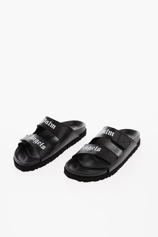 Leather Sliders with Lettering Logo and Velcro Closure