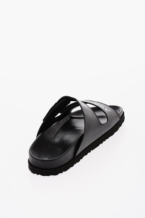 Leather Sliders with Lettering Logo and Velcro Closure