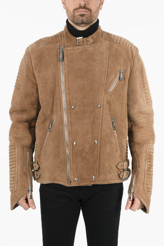 Leather Suede Biker Jacket With Faux Fur Lining
